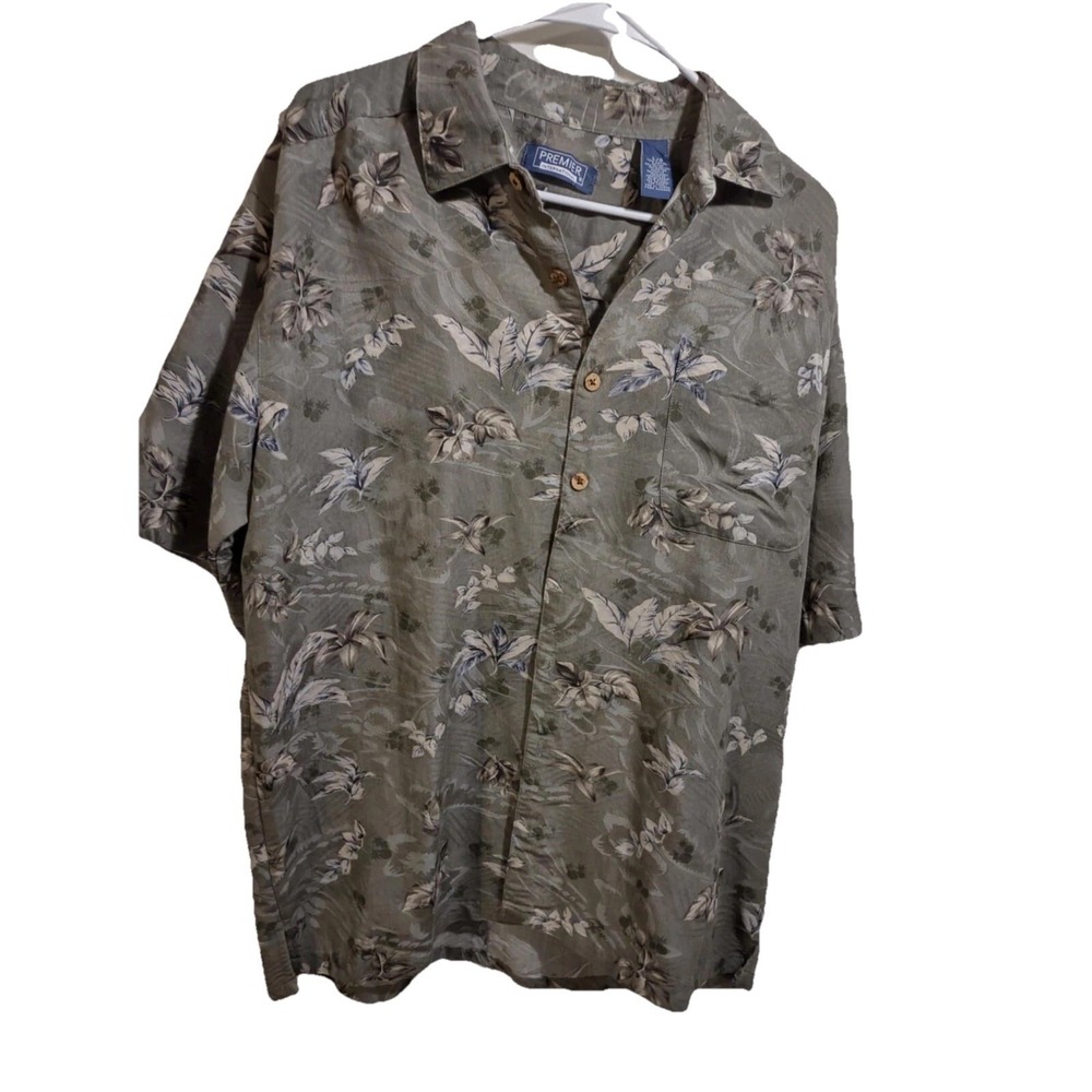 Premier International Mens Large Tropical Floral Button‎ Up Shirt Green Rayon L